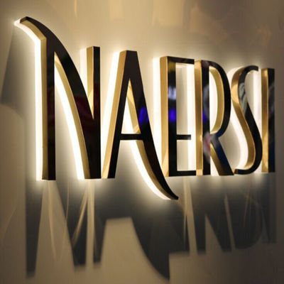 Gold Mirror Business Logo Signage Stainless Steel Lighted Storefront Signs
