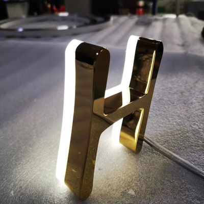 Gold Mirror Business Logo Signage Stainless Steel Lighted Storefront Signs